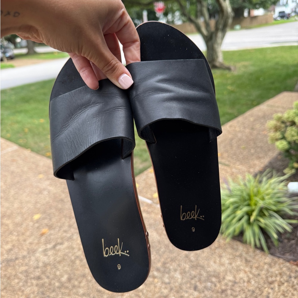 Beek Black Leather Slide Sandals